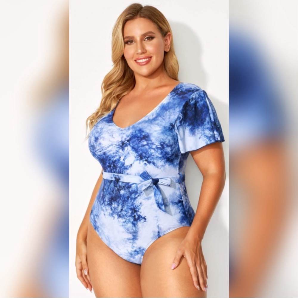 Meet.Curve Blue Tie Dye Belted One Piece Swimsuit With Sleeves